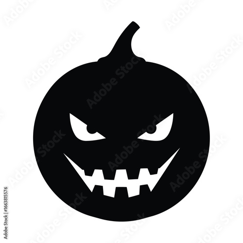 Vector art of a black silhouette of a scary halloween pumpkin jackolantern with an evil face, isolated on a