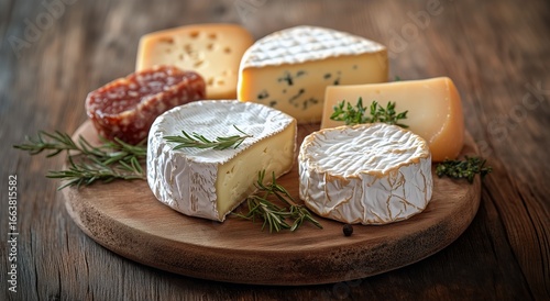 Cheese Platter With Assorted Varieties and Herbs on Rustic Wooden Board