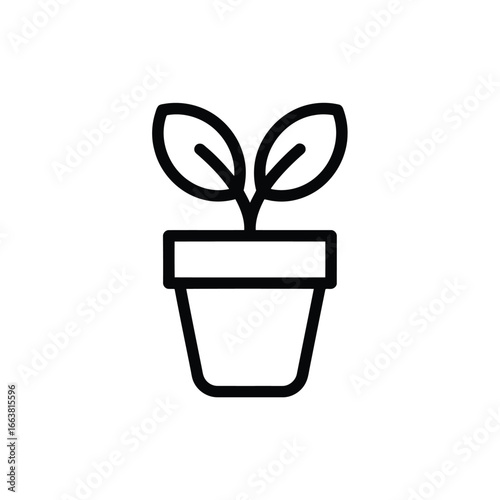 Vector art of a simple line art icon of a young plant sprout with two leaves growing in a pot, isolated on a