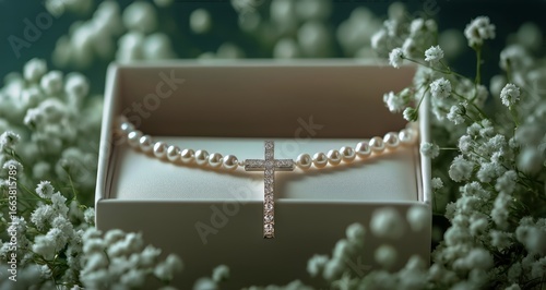 Elegant Pearl Necklace With Diamond Cross Displayed on Soft Floral Background