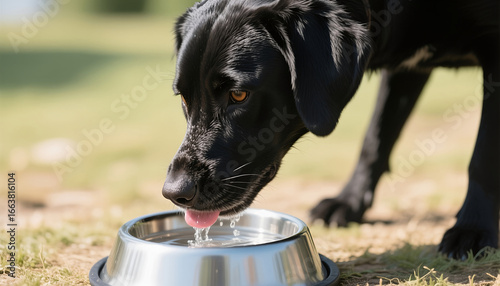 Black Labrador dog drinking water from metal bowl outdoors  