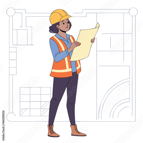 Female Engineer with Yellow Hard Hat Examining Blueprint in Front of Building Plan with Confidence and Precision