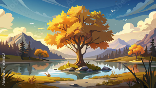Golden autumn tree stands proudly by tranquil lake, reflection shimmering against open sky, soft breeze carries whispers of change, timeless serenity unfolds gently, endless beauty captured in silence
