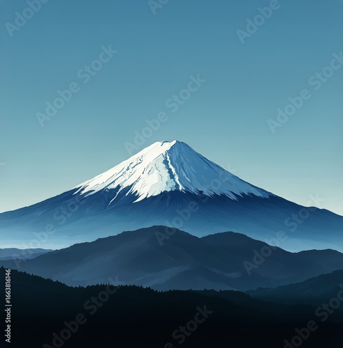 Mount Fuji Stands Majestically Against a Clear Blue Sky With Snow-Covered Pea...
