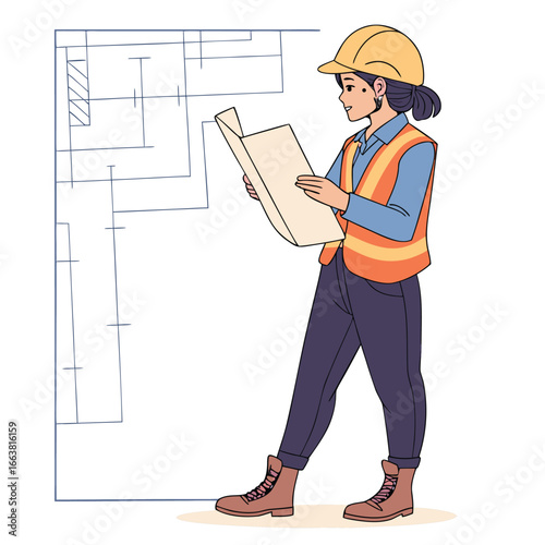 Female Engineer with Yellow Hard Hat Examining Blueprint in Front of Building Plan with Confidence and Precision