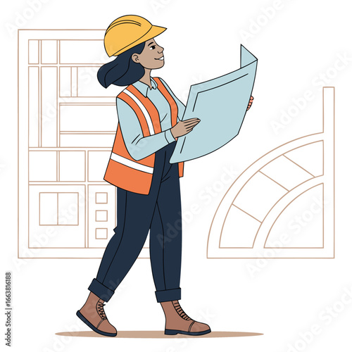 Female Engineer with Yellow Hard Hat Examining Blueprint in Front of Building Plan with Confidence and Precision