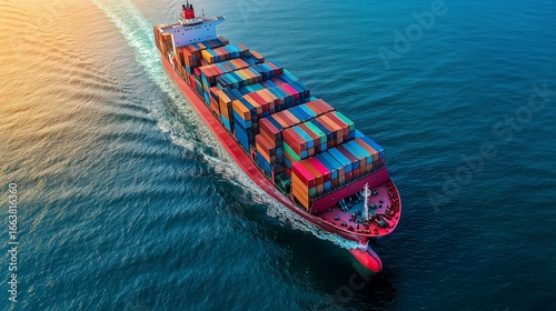 Cargo Ship Navigating Open Waters With Colorful Shipping Containers During Da...