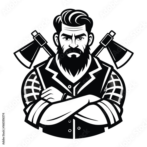 Adobe IllustratIntense Lumberjack Illustration of a Bearded Man with Crossed Arms and Axes in Black and White for a Striking Designor Artwork