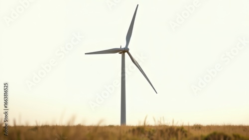 Wind turbine against pale sky in grassy field