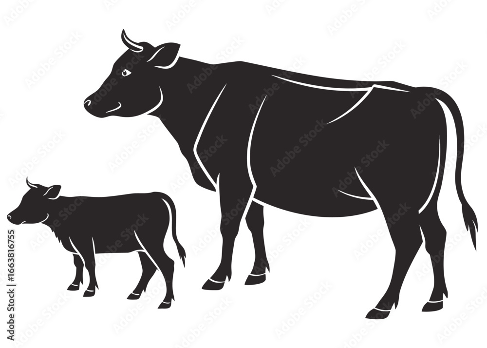 Fototapeta premium Silhouette of a Cow and Calf Standing Side by Side on a White Background cattle black and white