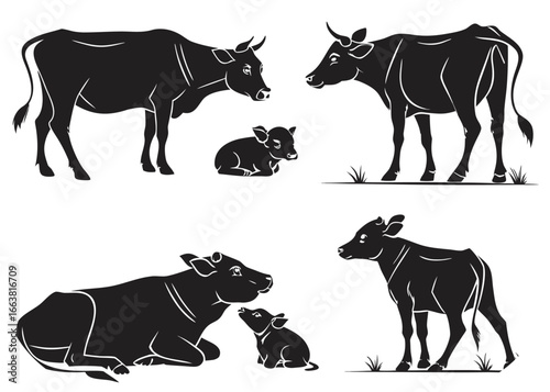 Silhouette illustration of cows and calves with grass on white background cattle calf
