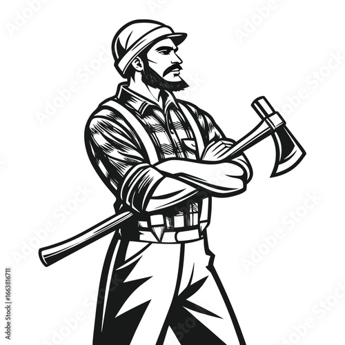 Intense Lumberjack Illustration of a Bearded Man with Crossed Arms and Axes in Black and White for a Striking Design