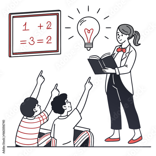 Enlightening Education Illustration A Teacher's Guidance Sparks Creativity and Knowledge in Students with Checklist and Book