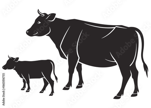 Silhouette of a Cow and Calf Standing Side by Side on a White Background cattle black and white