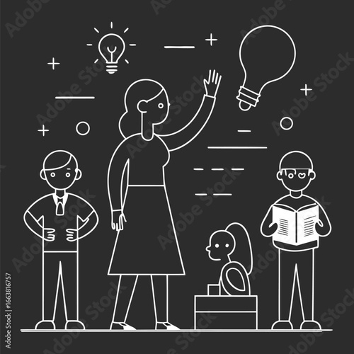 Enlightening Education Illustration A Teacher's Guidance Sparks Creativity and Knowledge in Students with Checklist and Book