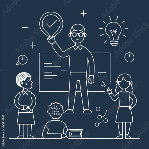 Enlightening Education Illustration A Teacher's Guidance Sparks Creativity and Knowledge in Students with Checklist and Book