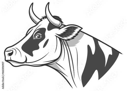 Stylized black and white illustration of a cow's head in profile on a cream background Keywords: cow, cattle, animal, livestock, farm