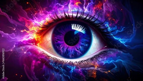 A vibrant eye, infused with dynamic energy and swirling colors, catches the viewer's gaze.
