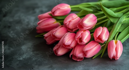 Vibrant Pink Tulips Arranged Elegantly on a Textured Surface.
