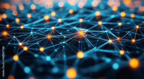Elegant Network of Connected Nodes Glowing Against a Dark Background.