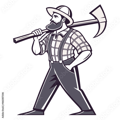 Cartoon Lumberjack Walking with Axe Over His Shoulder Wearing a Red Plaid Shirt and Suspenders Isolated on White