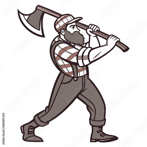 Cartoon Lumberjack Walking with Axe Over His Shoulder Wearing a Red Plaid Shirt and Suspenders Isolated on White