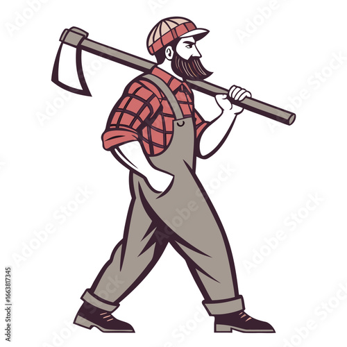 Cartoon Lumberjack Walking with Axe Over His Shoulder Wearing a Red Plaid Shirt and Suspenders Isolated on White