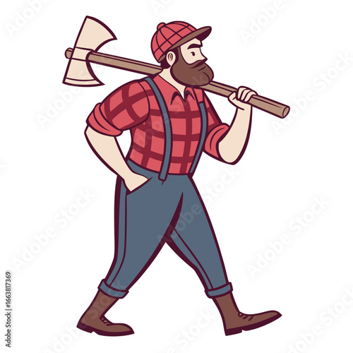 Cartoon Lumberjack Walking with Axe Over His Shoulder Wearing a Red Plaid Shirt and Suspenders Isolated on White