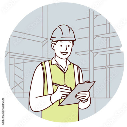 Construction Supervisor Overseeing Site Operations and Documentation within a Circular Frame Depicting Structure