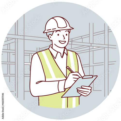 Construction Supervisor Overseeing Site Operations and Documentation within a Circular Frame Depicting Structure