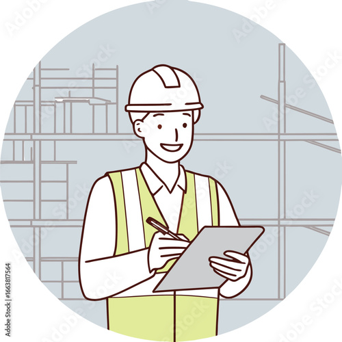 Construction Supervisor Overseeing Site Operations and Documentation within a Circular Frame Depicting Structure