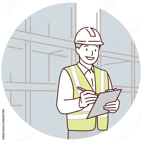 Construction Supervisor Overseeing Site Operations and Documentation within a Circular Frame Depicting Structure