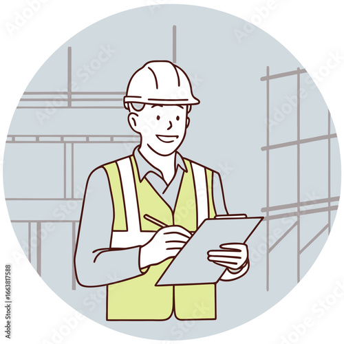 Construction Supervisor Overseeing Site Operations and Documentation within a Circular Frame Depicting Structure