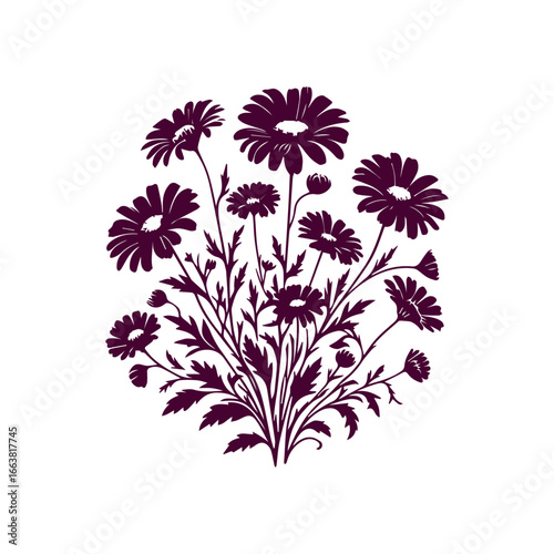 Elegant purple silhouette of a daisy flower bouquet on a white background.