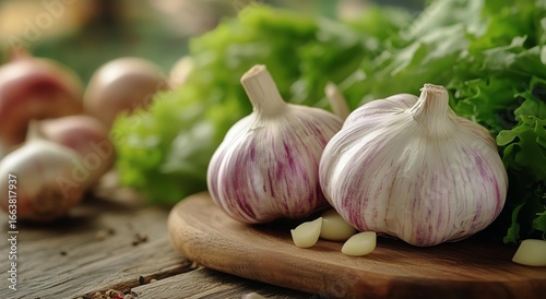 Fresh Garlic and Greens Arranged on Wooden Board in Rustic Kitchen Setting