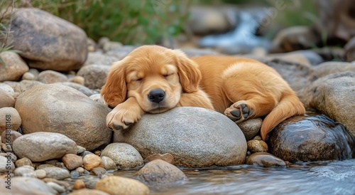 Golden Retriever Puppy Sleeping Peacefully by a River on Smooth Stones During...