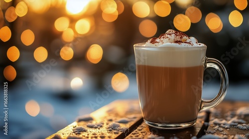 Warm Coffee With Whipped Cream in Nature During Sunset by Snowy Landscape Wit...