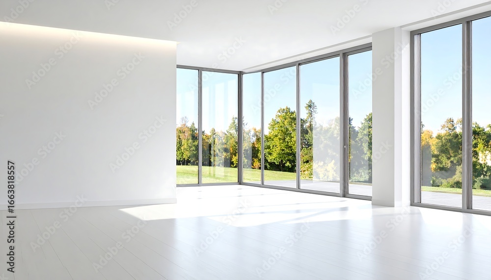 Obraz premium Empty modern room with large windows overlooking a park