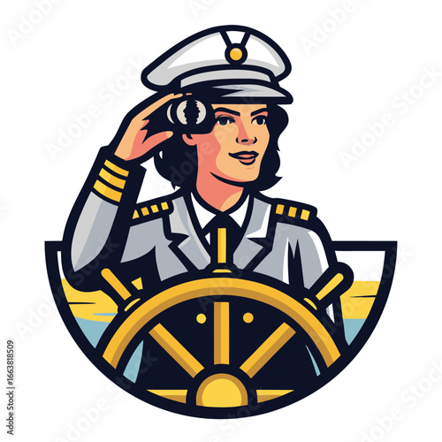 Stylish Woman Captain with Nautical Hat and Ship Wheel A Retro Inspired Maritime Illustration