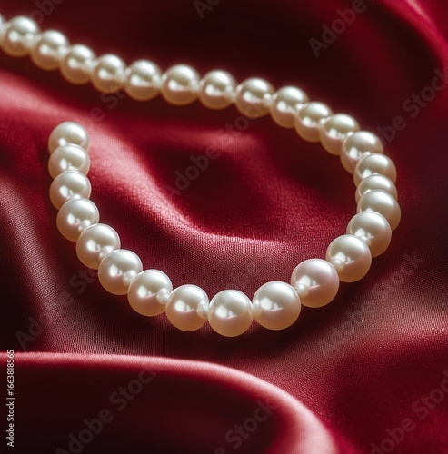 Elegant Pearl Necklace Displayed on a Rich Red Fabric Backdrop With Soft Folds.