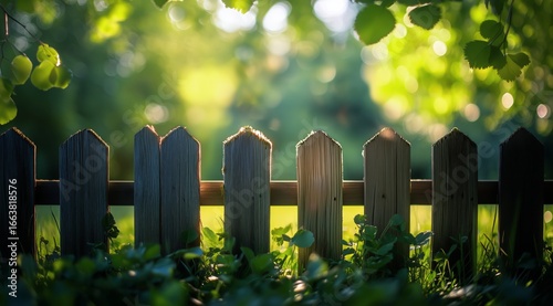 Rustic Wooden Fence Surrounded by Green Foliage in a Serene Outdoor Setting D...