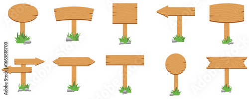 Set of old wooden blank cartoon signs, wooden nameplates