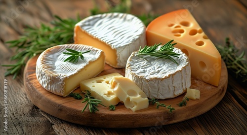 Gourmet Cheese Platter With Assorted Cheeses and Fresh Herbs on Rustic Wooden...
