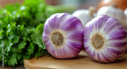 Fresh Garlic and Greens Arranged on Wooden Board in Rustic Kitchen Setting.