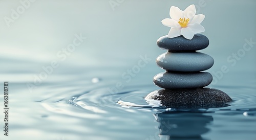 Stacked Stones With a Flower on Water Creating a Serene Atmosphere During a C...
