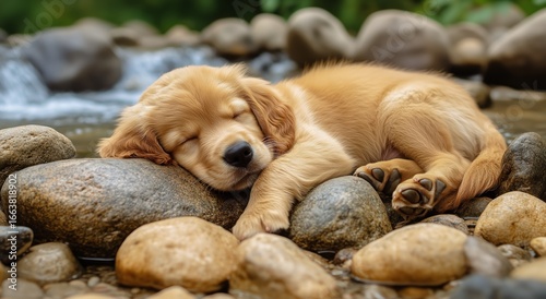 Golden Retriever Puppy Peacefully Rests on Smooth Stones by a Gentle Stream i...