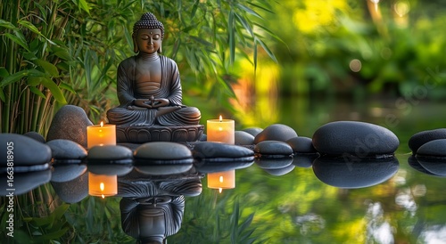 Buddha Statue Surrounded by Candles and Stones Reflecting in Tranquil Water.
