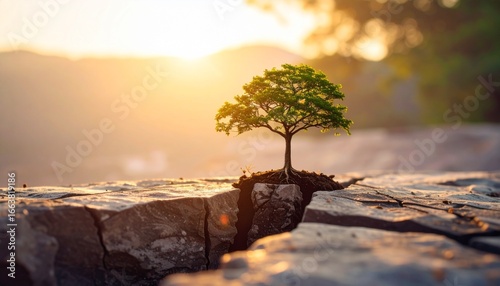 Lone tree growing from a crack in a stone, warm light surrounding it.