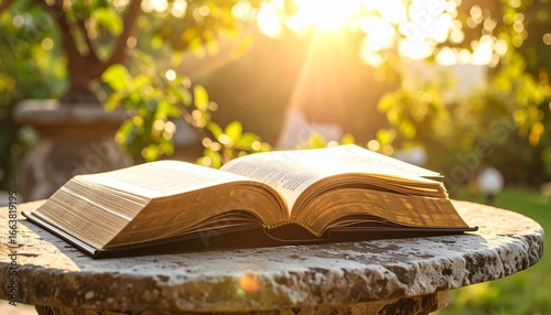 An ancient book resting on a stone table, softly illuminated by natural light