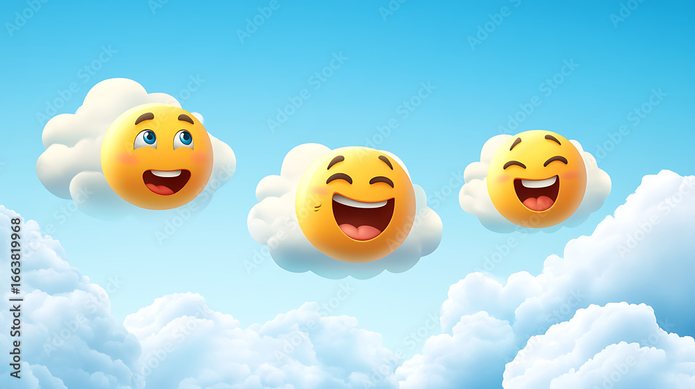Obraz premium Cheerful emoji clouds floating in a bright blue sky, creating a joyful atmosphere for children